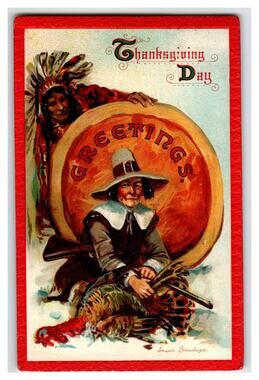 Frances Brundage Vintage Thanksgiving Pilgrim Native American Postcard 1912